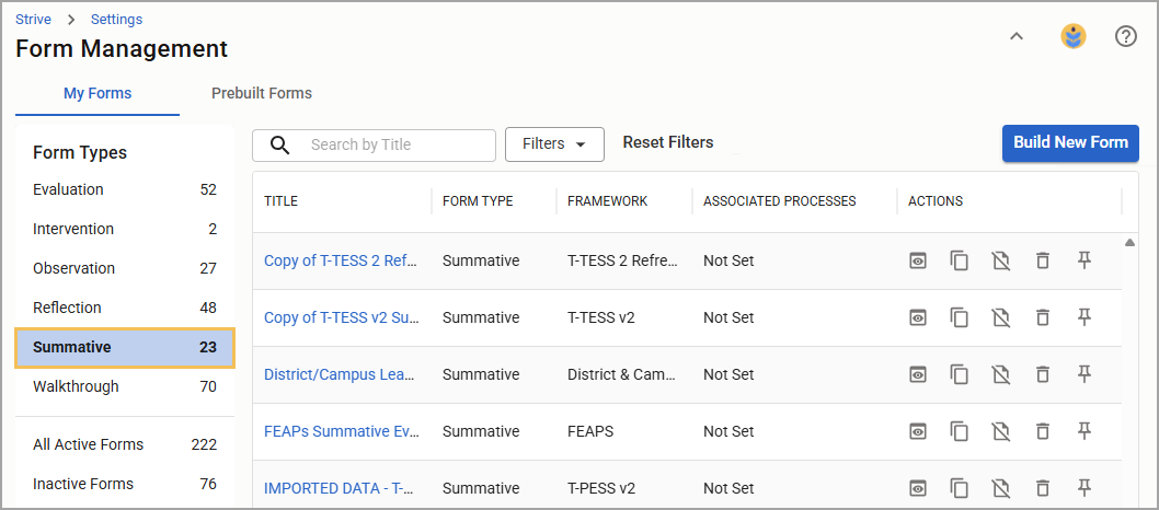 Overview of Form Management with Summative forms highlighted in the list.